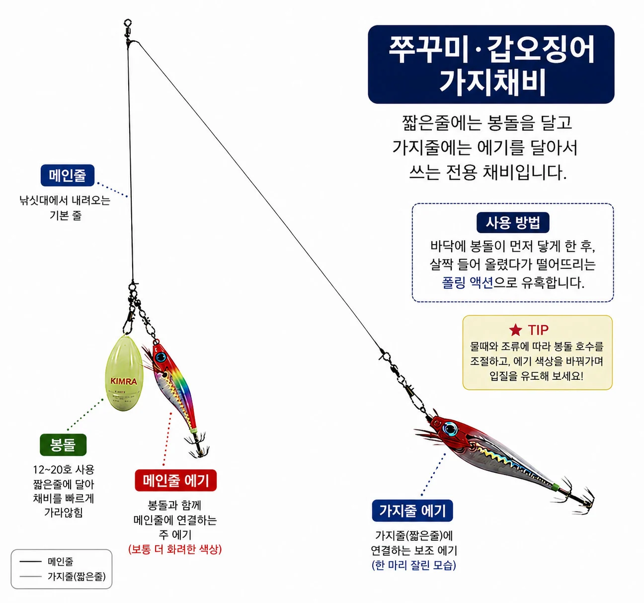 쭈꾸미 갑오징어 가지채비의 메인줄 에기, 가지줄 에기와 봉돌 연결 방법
